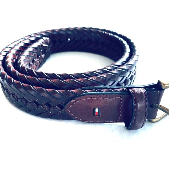 Tommy Hilfiger Brown Leather Woven Belt SZ 34 - Picture 6 of 7